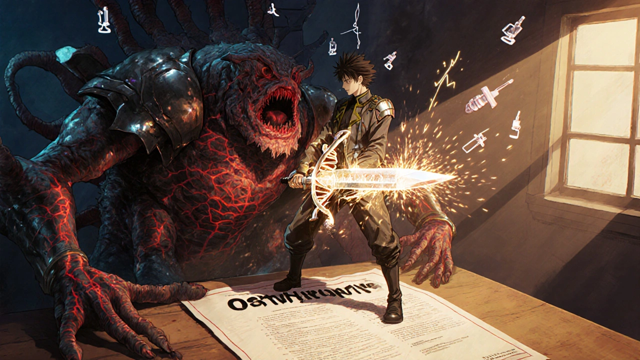 A hero battles a monstrous Pseudomonas bacterium with a DNA-shaped sword in a medical battlefield scene.