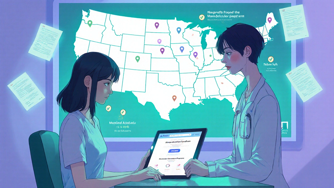A patient and nurse reviewing a digital patient assistance program screen in a calm clinic setting.