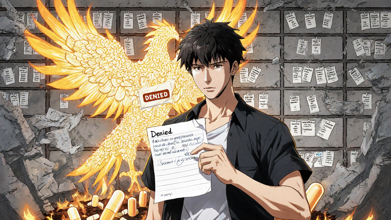 A patient stands before a crumbling formulary wall, holding a glowing doctor’s note as a phoenix of pills rises behind them.