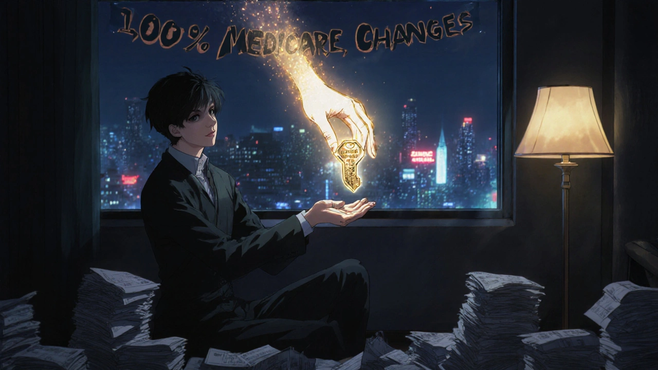 A person in a dim room receiving a golden key labeled &#039;100% Coverage&#039; from a glowing hand.