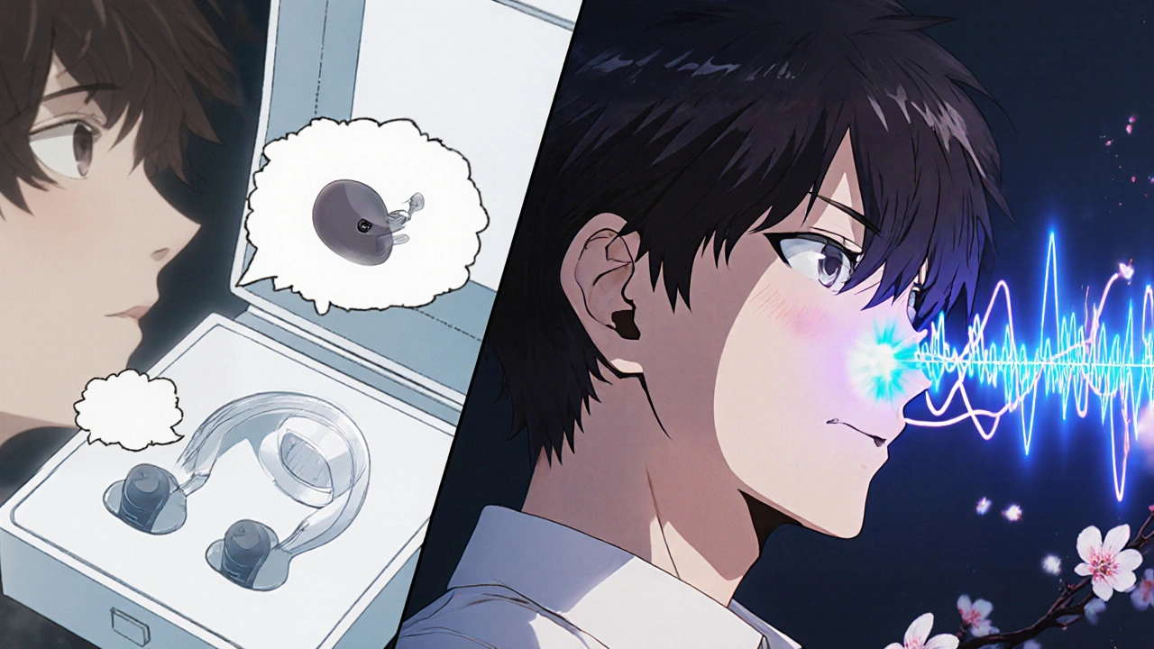 A person smiling as clear sound waves emerge from their ear, contrasting with muffled speech bubbles from a generic hearing aid.