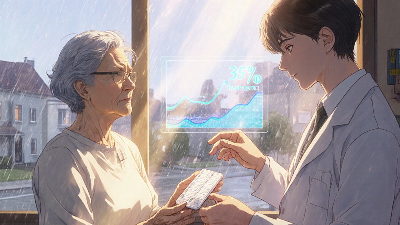 A pharmacist gently giving a pill organizer to an elderly woman, holographic adherence data glowing softly behind them.