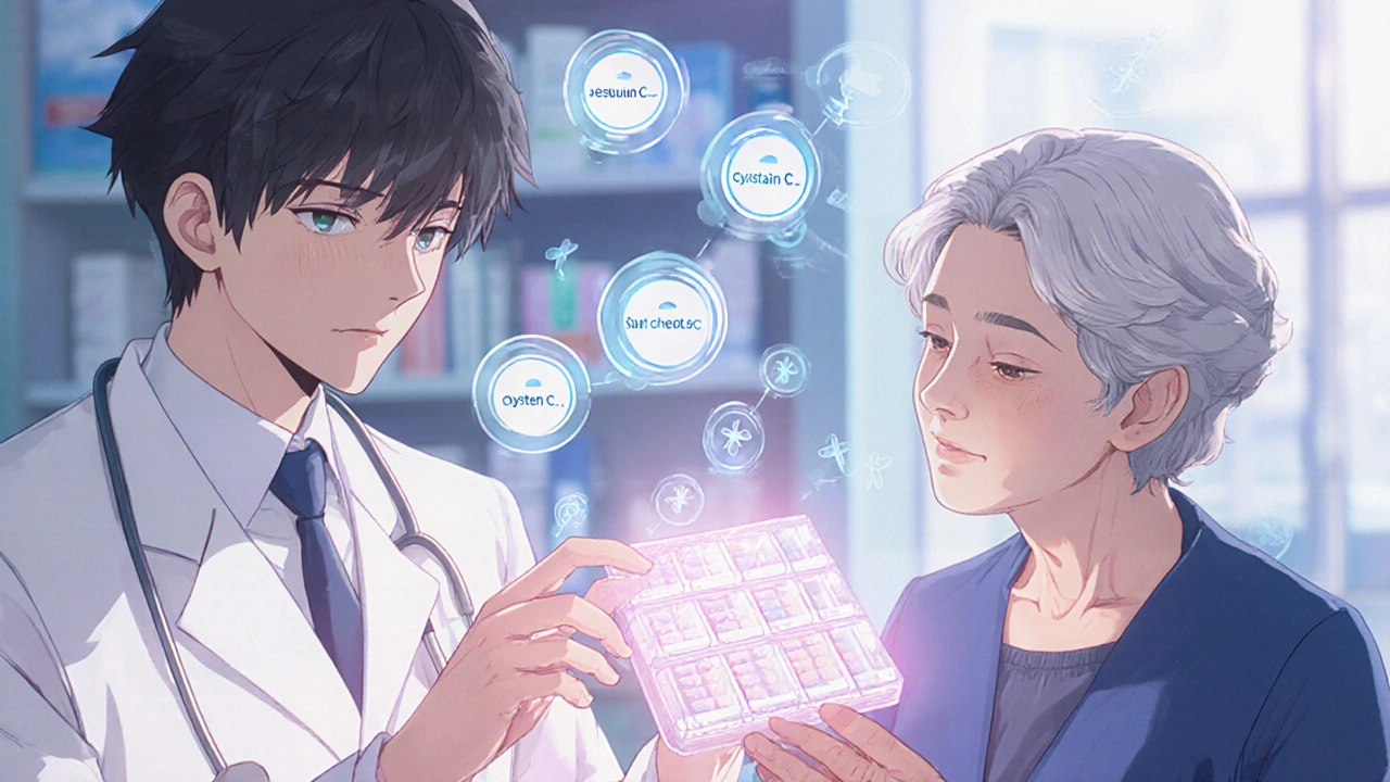 A pharmacist helping an older woman with medication, floating kidney function markers visible.