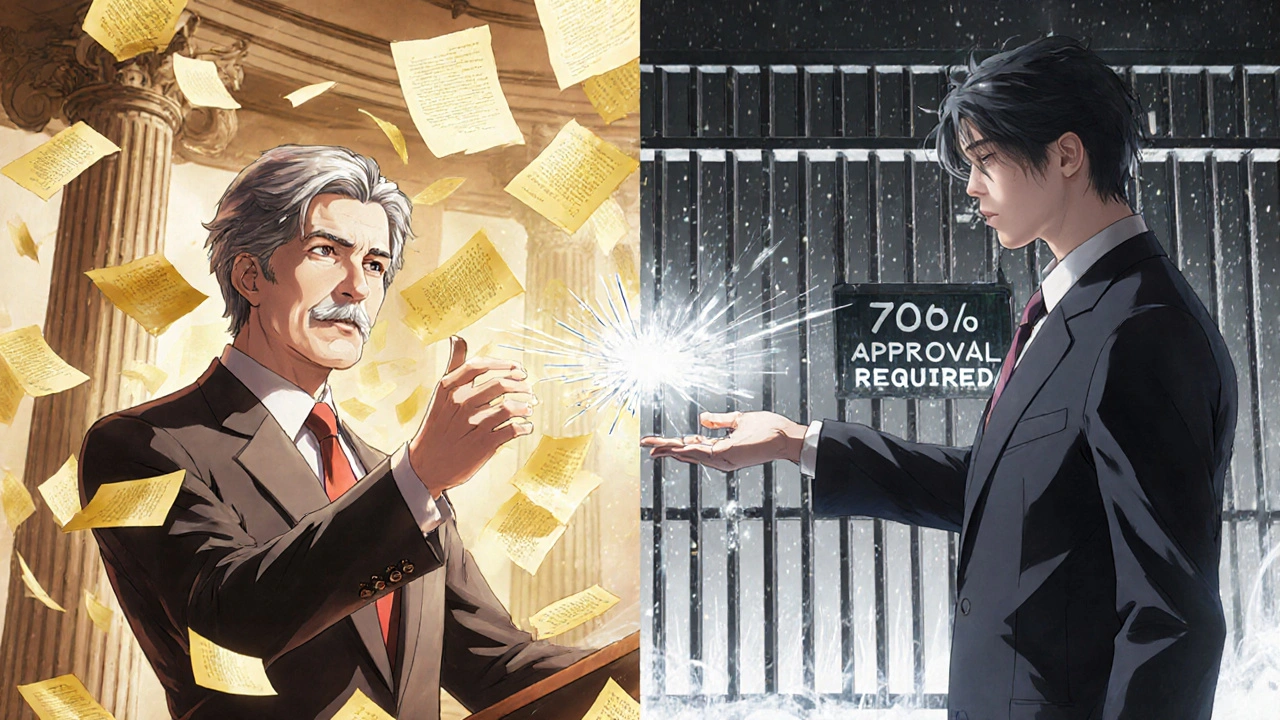 A split scene shows Senate freedom versus House restrictions on legislative amendments.