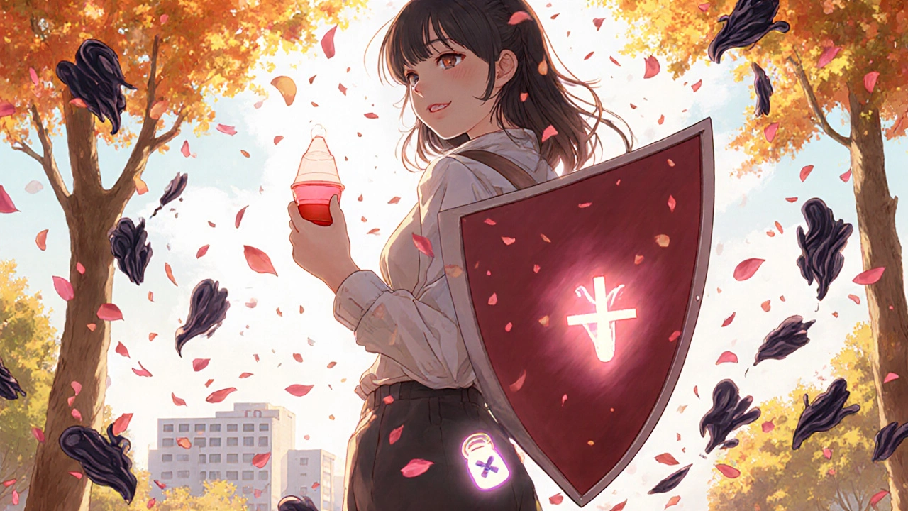 A woman stands confidently in a park, protected by a shield-shaped shadow, free from fear of heavy bleeding.