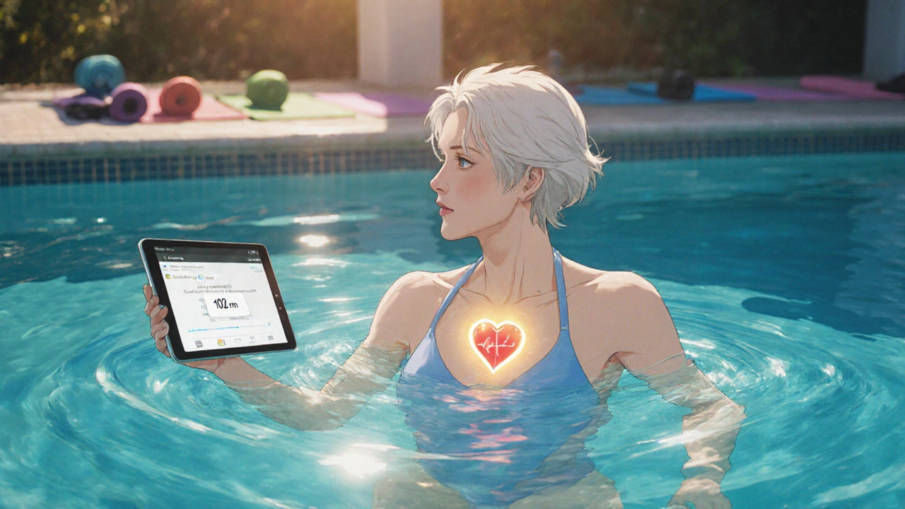 A woman swimming gently in a warm pool, sunlight glinting on water, heart rate monitor visible nearby.