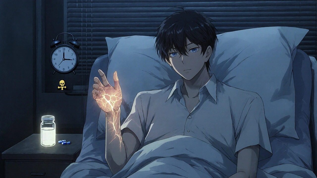 A young man touches his tendon at night, with golden cracks and a warning symbol glowing softly beside him.