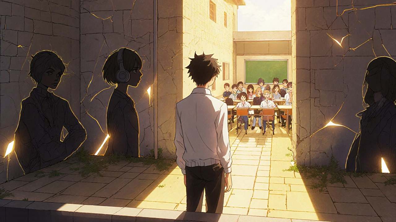 A young person stepping from shadows into light, leaving behind isolation, walking toward a hopeful future with peers and learning.