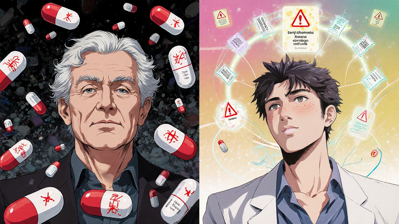 Chaos of pills transforms into an organized medication map guided by a calm pharmacist.