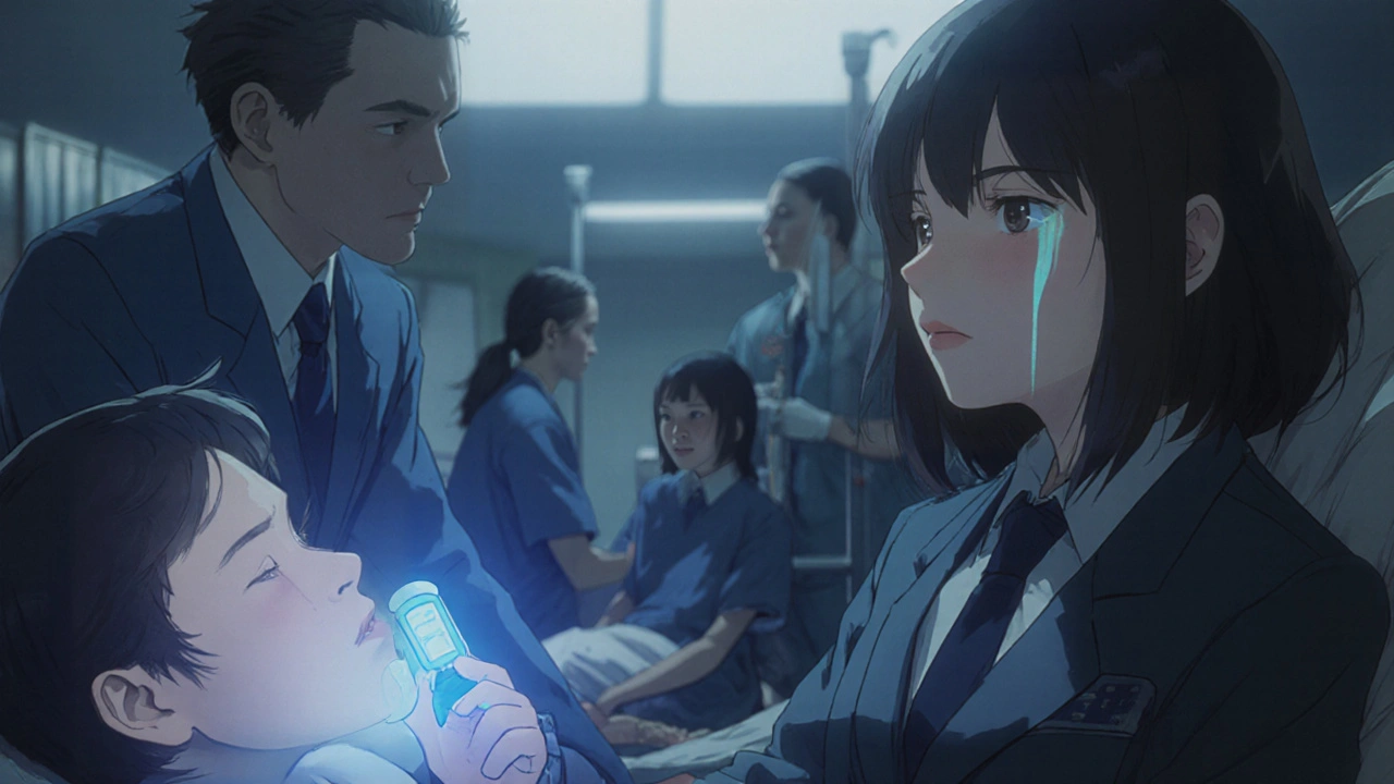 Child in hospital ER being monitored, parent holding the medication container.