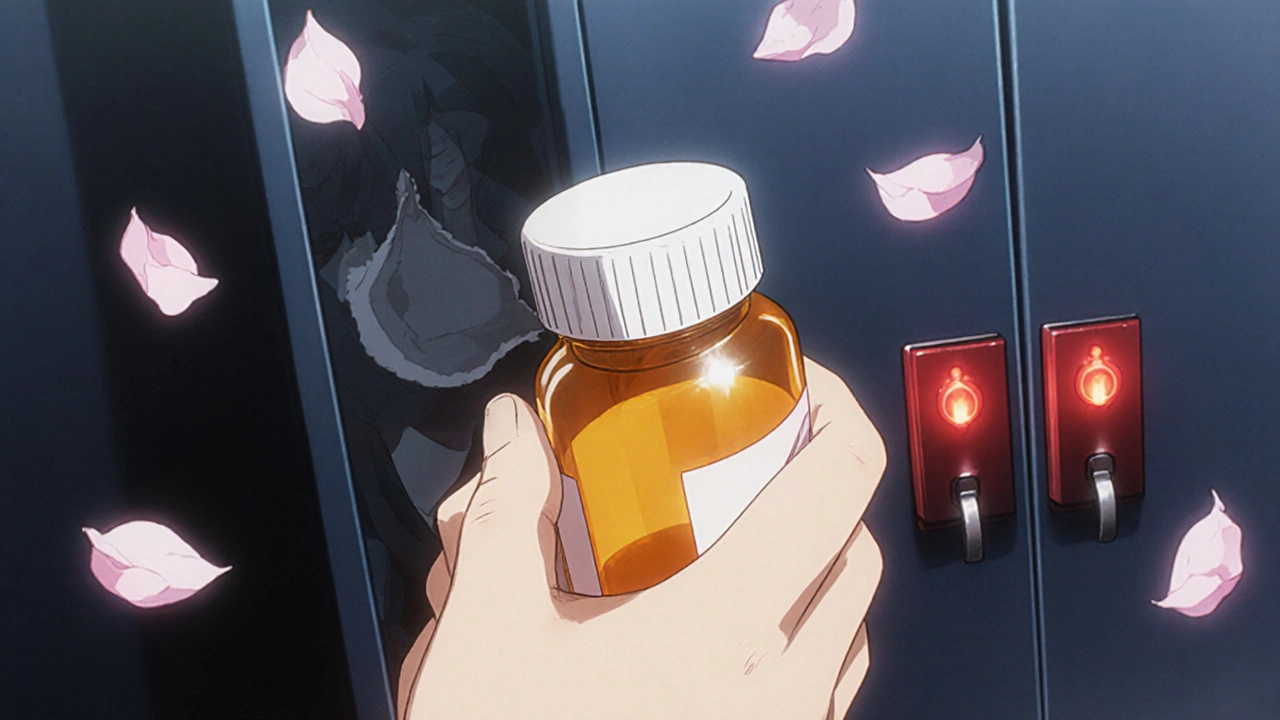 Child’s hand near an open medicine bottle, with a locked cabinet in the background.