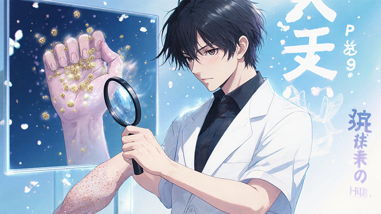 Dermatologist examining pustules with glowing neutrophils, contrasting AGEP and psoriasis in translucent overlays.