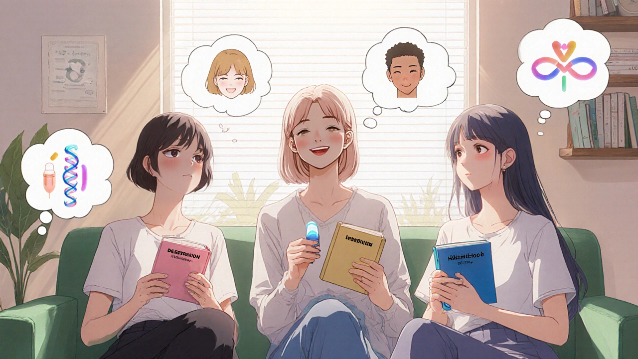 Diverse group of women in a clinic lounge holding different birth control methods with positive health icons in anime style.