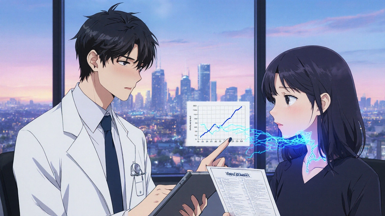 Doctor and patient reviewing spirometry results with diagnostic lines glowing from throat.