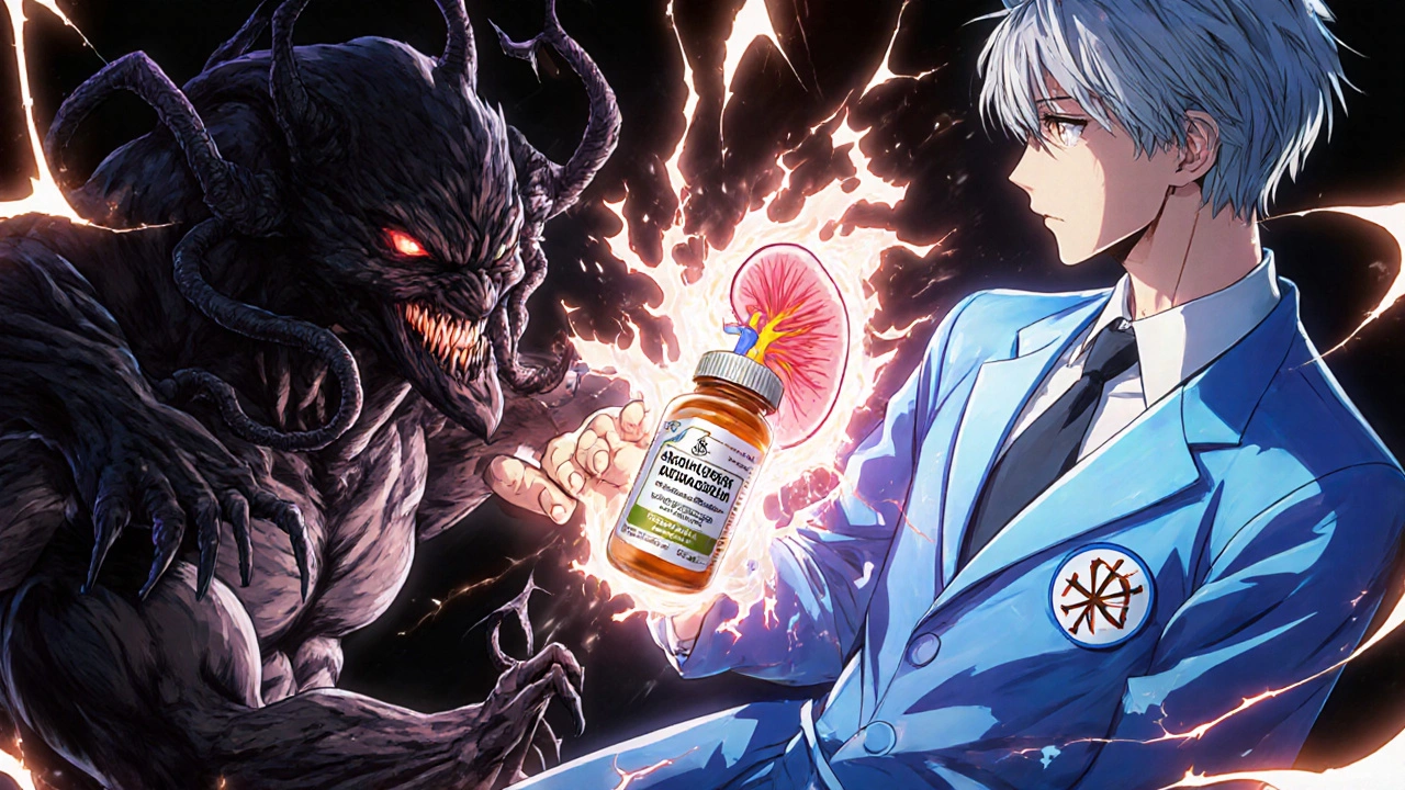 Dramatic anime battle between medication and licorice root over a human kidney.