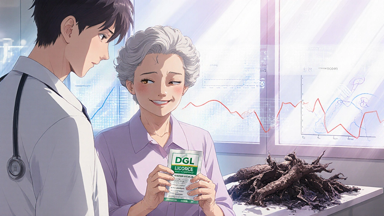 Elderly woman smiling with safe DGL licorice packet, dark licorice roots crumbling away.