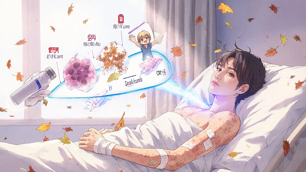 Patient recovering in hospital as skin peels gently, with a glowing biologic injection and timeline of healing.