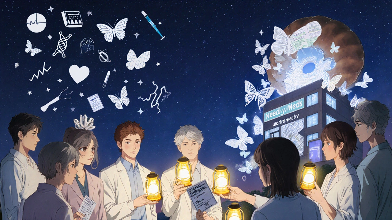 Patients sit in a circle holding pill-shaped lanterns, their lights forming a constellation of medical symbols under a starry sky.