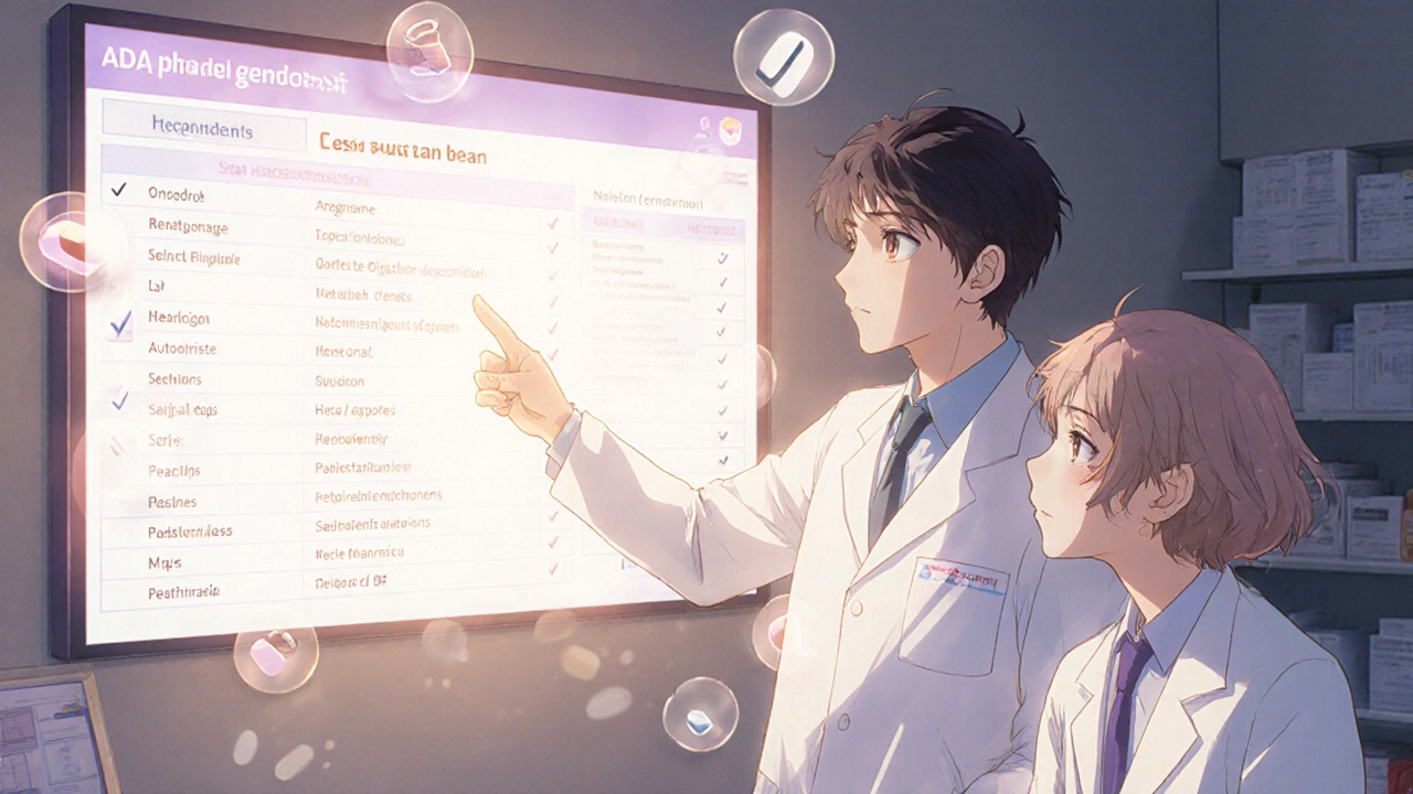 Pharmacist showing FDA authorized generics list on a screen to a patient in a calm pharmacy setting.