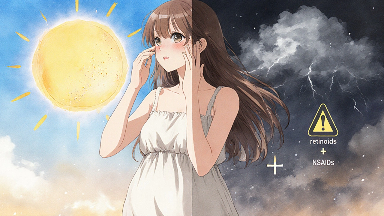 Pregnant woman applying mineral sunscreen with shimmering particles, calm and safe environment.