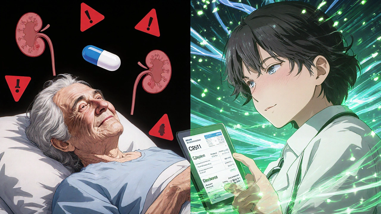 Split scene: frail elderly woman in danger vs. safe with correct kidney dosing in anime style.