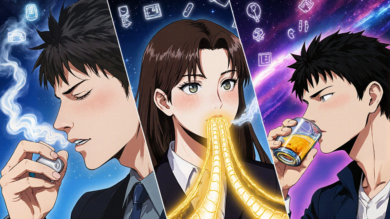 Three-panel scene showing treatment responses for UACS, asthma, and GERD with fading symptoms.