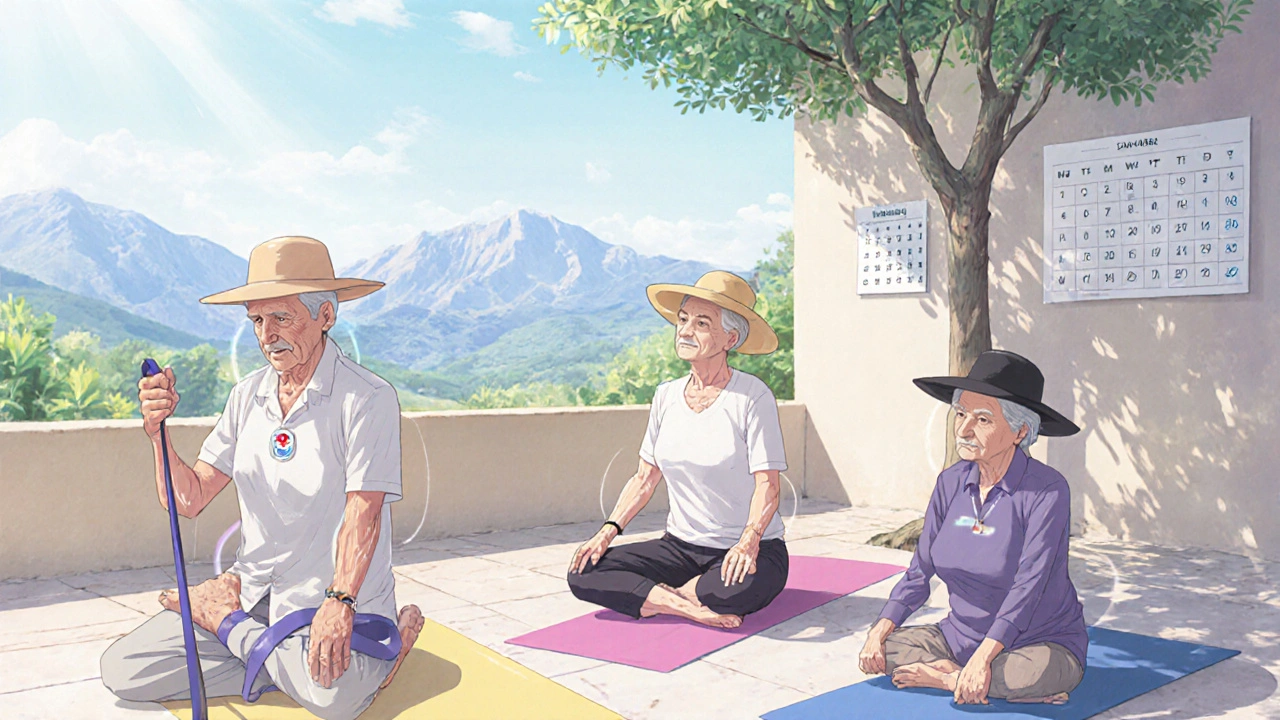 Three seniors doing light yoga on a patio, wearing hats and sunscreen, calm and balanced in posture.