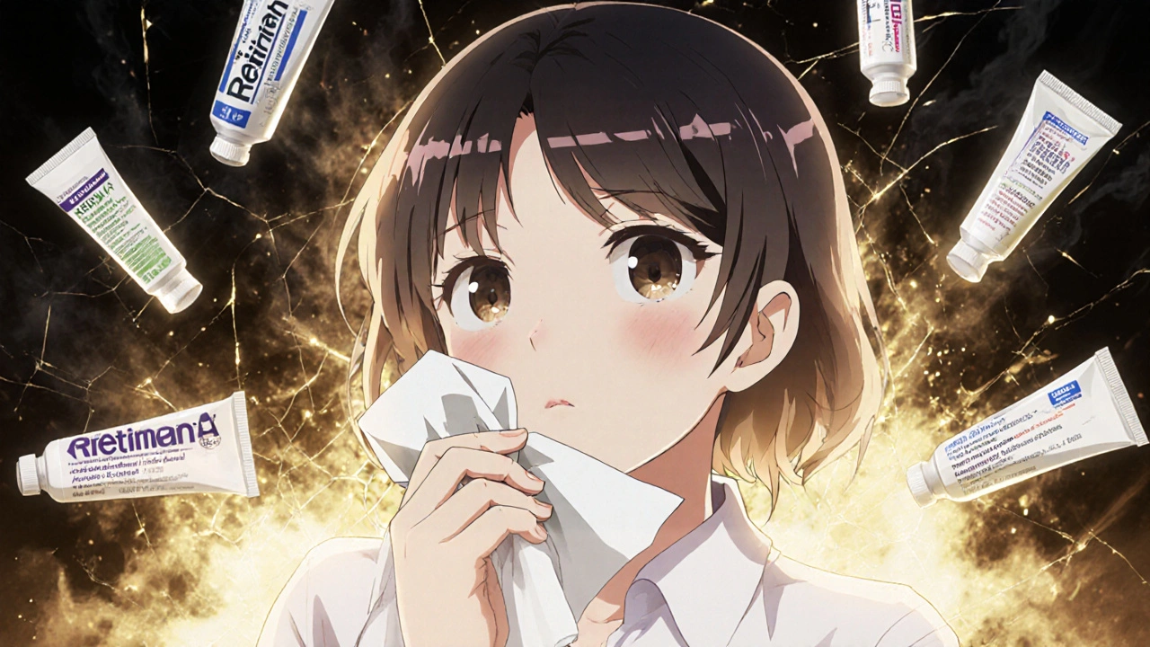 Woman discarding unsafe retinoid cream as glowing safe alternatives float beside her.