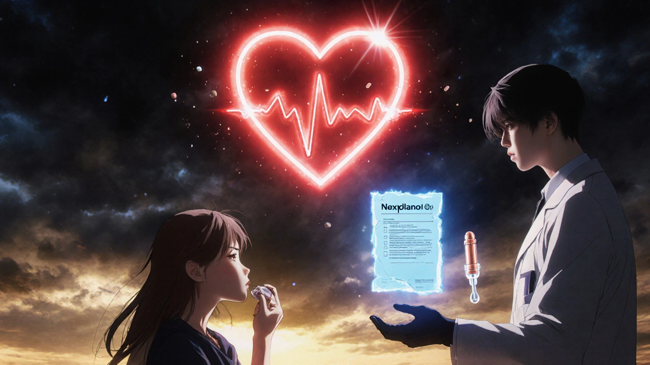 Woman taking amitriptyline with a warning heart symbol, while safer birth control options glow nearby in anime style.