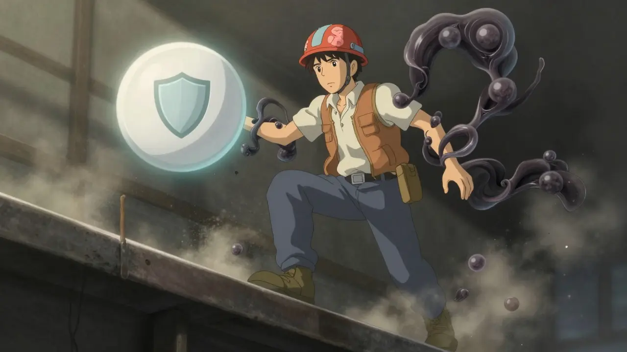 A construction worker frozen on a beam, dark molecules缠绕 his body while a glowing safe pill floats nearby.