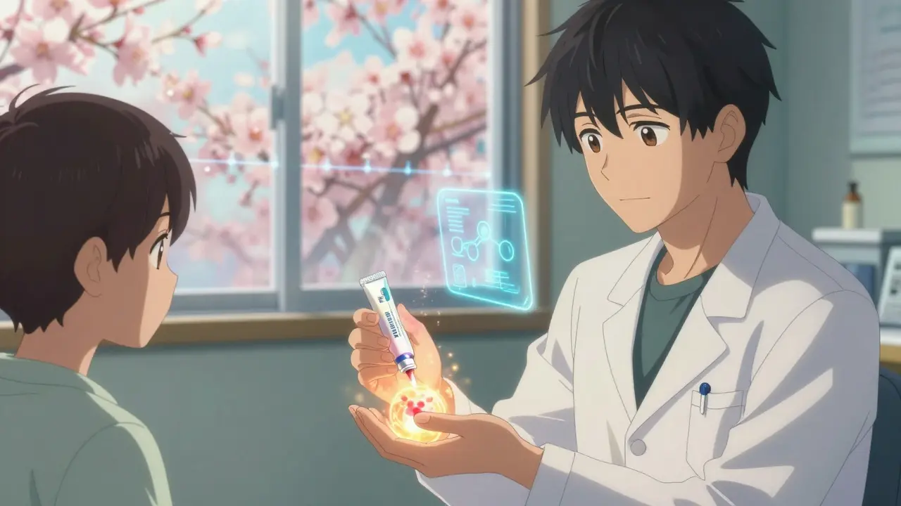 A dermatologist applying a glowing futuristic cream to a patient’s hand, while a dissolving steroid tube fades into ash in a calm clinic.