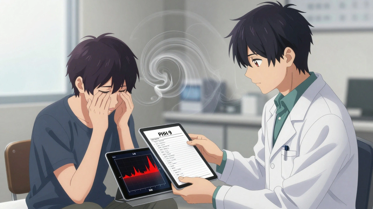 A dermatologist hands a mood questionnaire to a patient in a clinic, digital mood graph glowing red in the background.