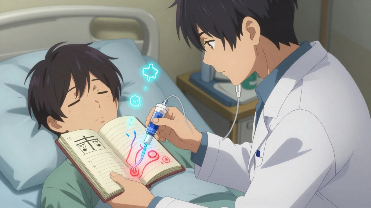 A doctor adjusts a pain pump while a patient holds a diary with pain scales, glowing energy lines showing treatment flow.