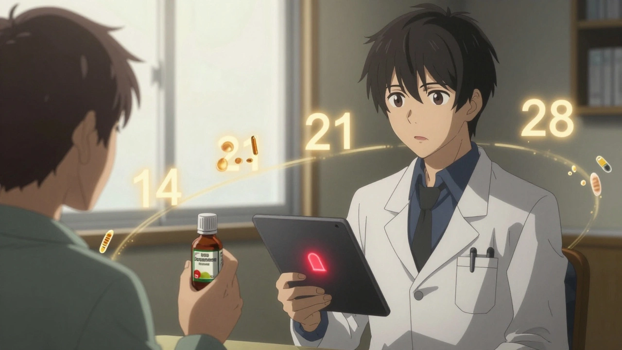 A doctor and patient facing each other with a countdown timeline and glowing enzyme regeneration visuals.