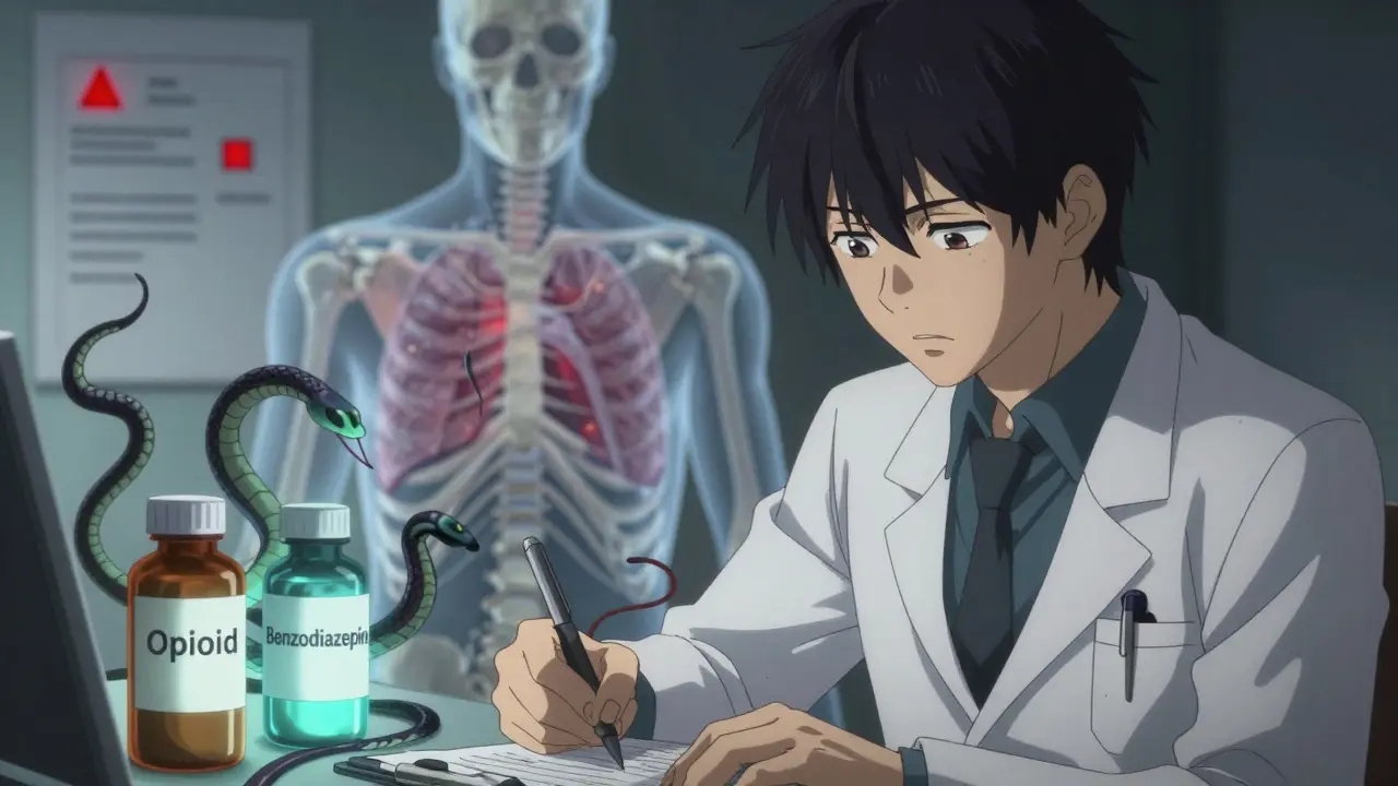 A doctor hesitating over a prescription, dark tendrils connecting opioid and benzodiazepine bottles.