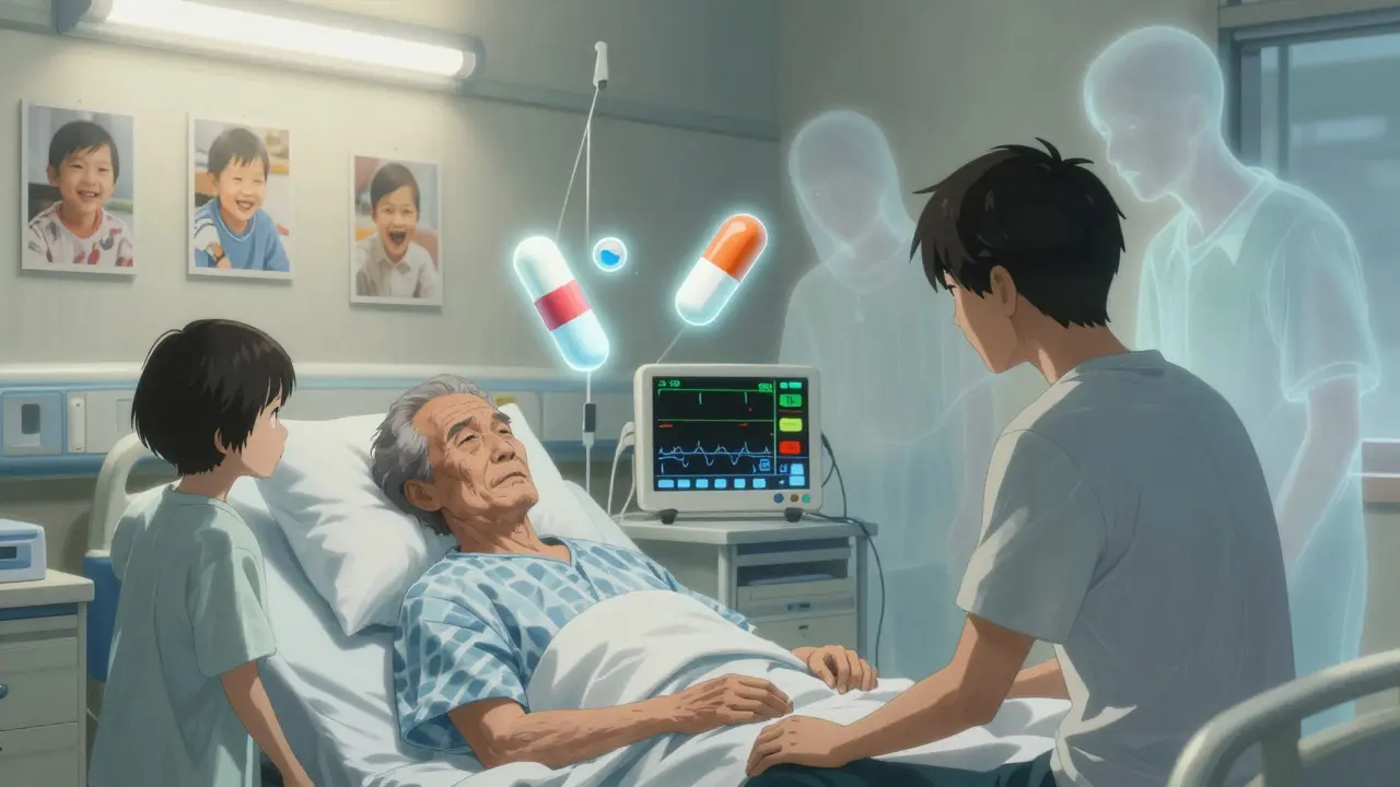 A family beside a hospital bed as a monitor flatlines, ghostly drug symbols hovering above the patient.