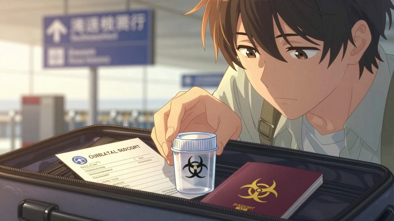 A hand places a biohazard-labeled sharps container into a carry-on with a doctor’s note nearby.