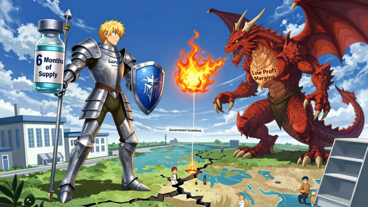 A knight armored in API vials battles a dragon of low profits, as patients and empty shelves lie below — hope hangs by a single thread.