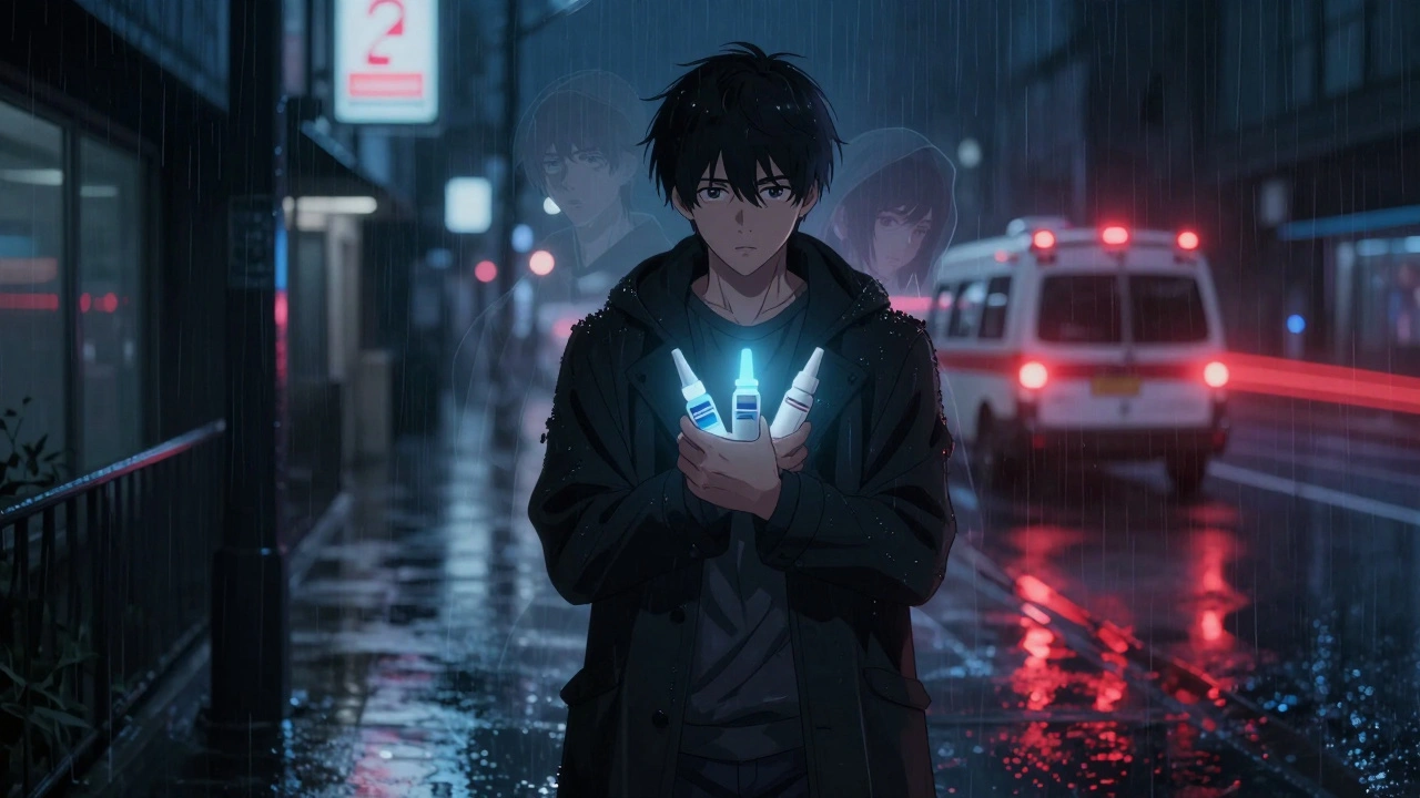A lone figure holds two naloxone sprays on a rainy street, one glowing faintly, as a ghostly figure fades behind them under neon lights.