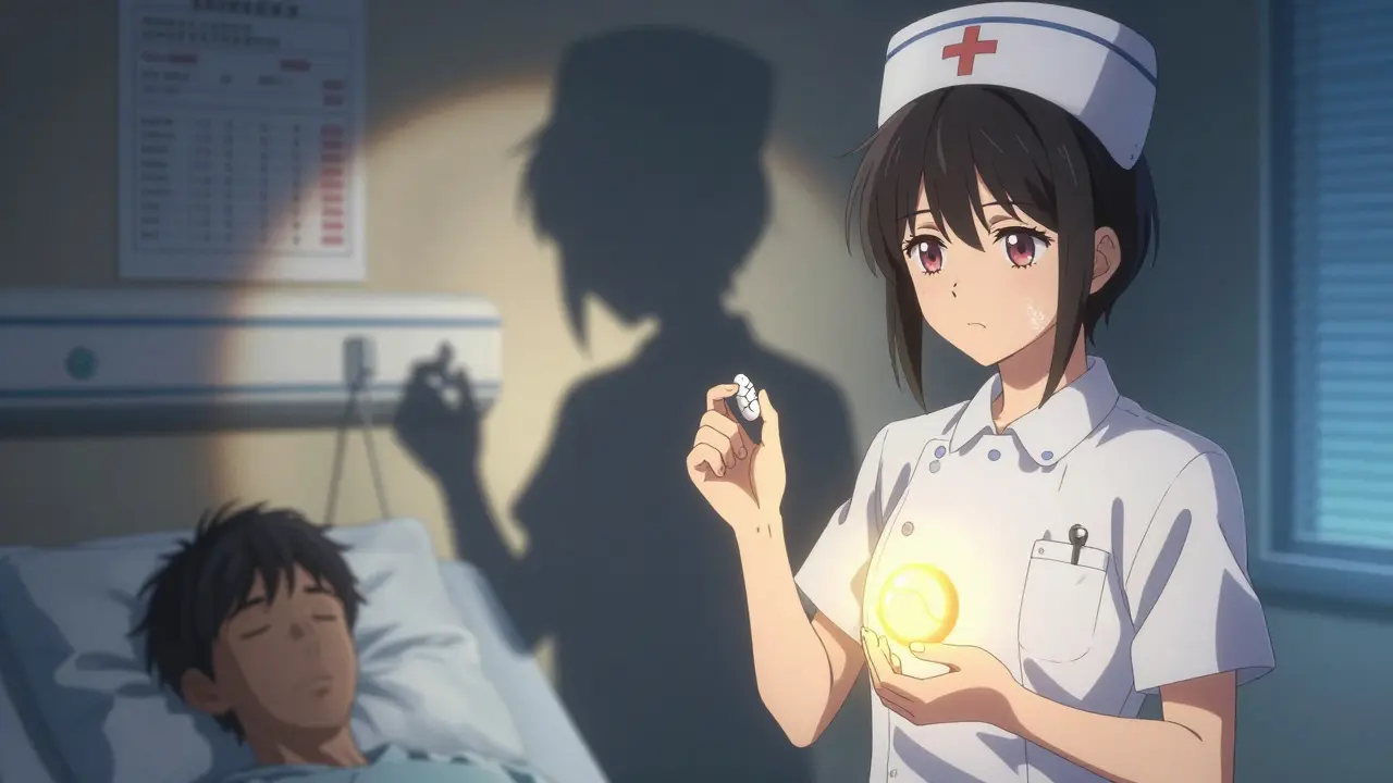 A nurse holding two pills — one crumbling and dark, the other glowing — with her shadow split between sluggish and focused versions.