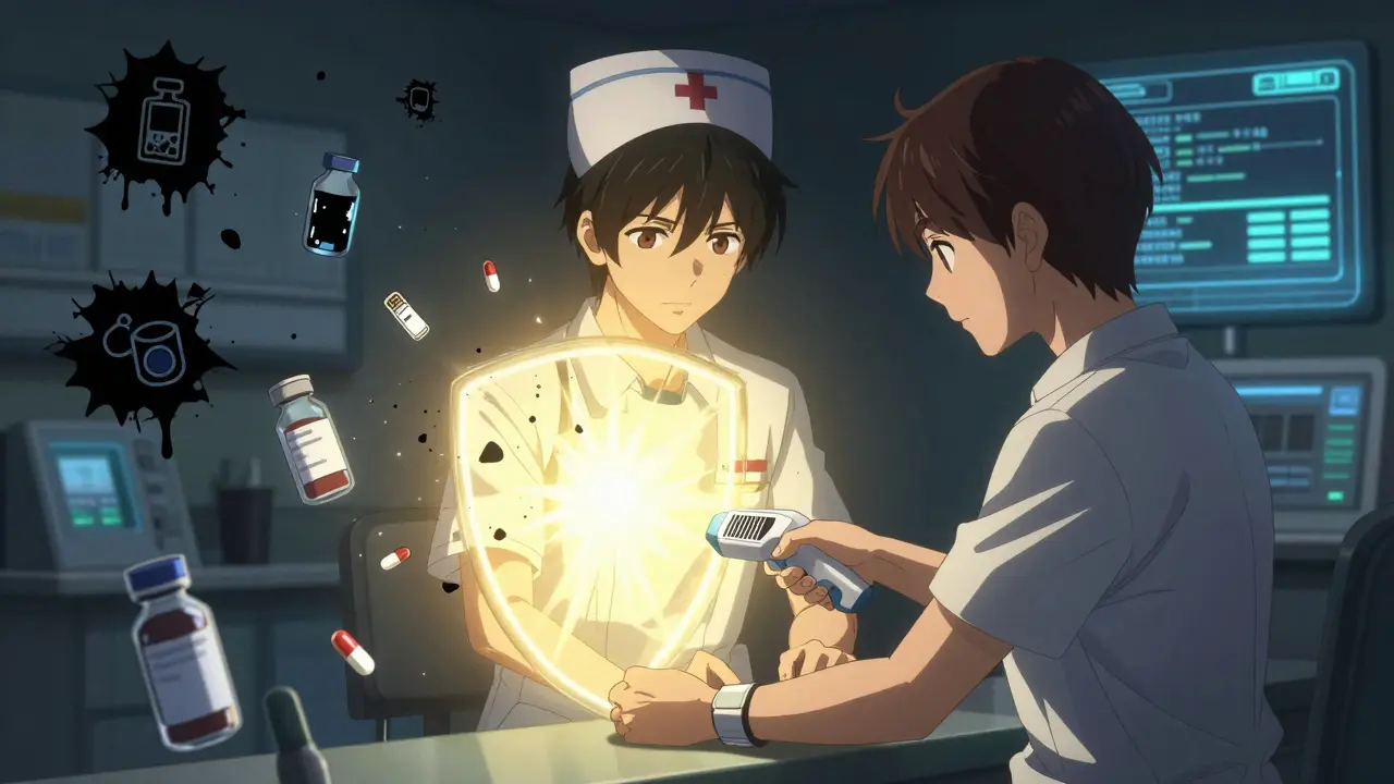A nurse scans a patient's wristband as a protective glow surrounds them, destroying error icons.
