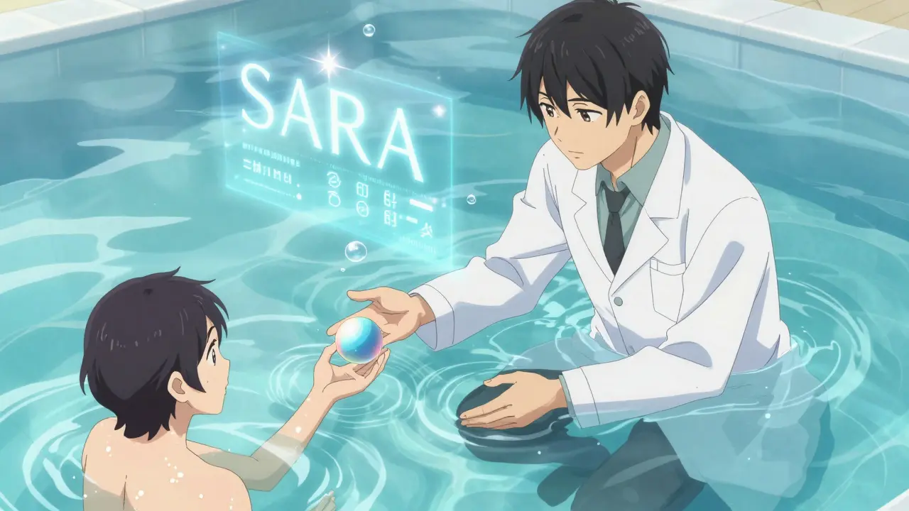 A patient and therapist in a sunlit pool, water rippling as holographic health metrics float above them in a serene anime scene.
