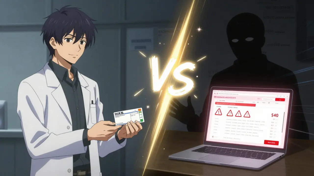 A patient chooses between safe mail-order pharmacy and risky online pharmacy in a dramatic split scene.