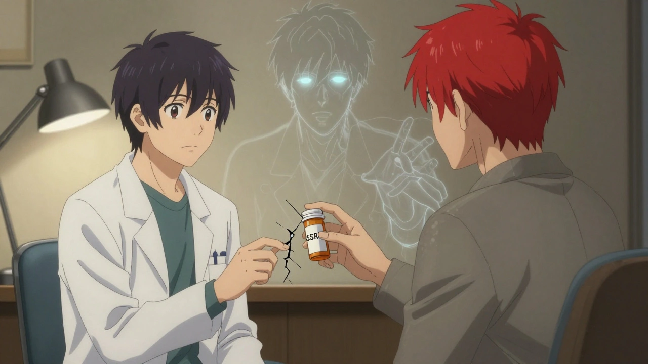 A patient holds an antidepressant bottle with a crack as a spectral manic figure looms behind them, symbolizing misdiagnosis and hidden bipolar disorder.