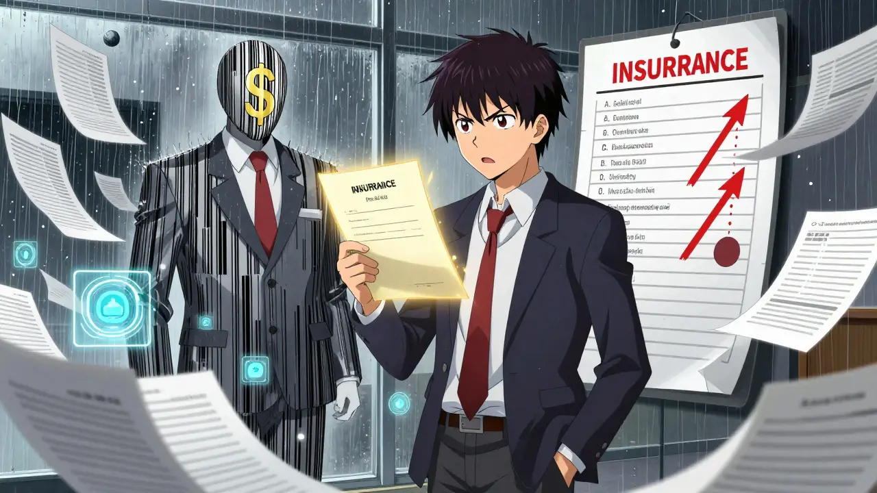 A person fights an insurance corporate avatar with a doctor’s appeal letter glowing in golden light.