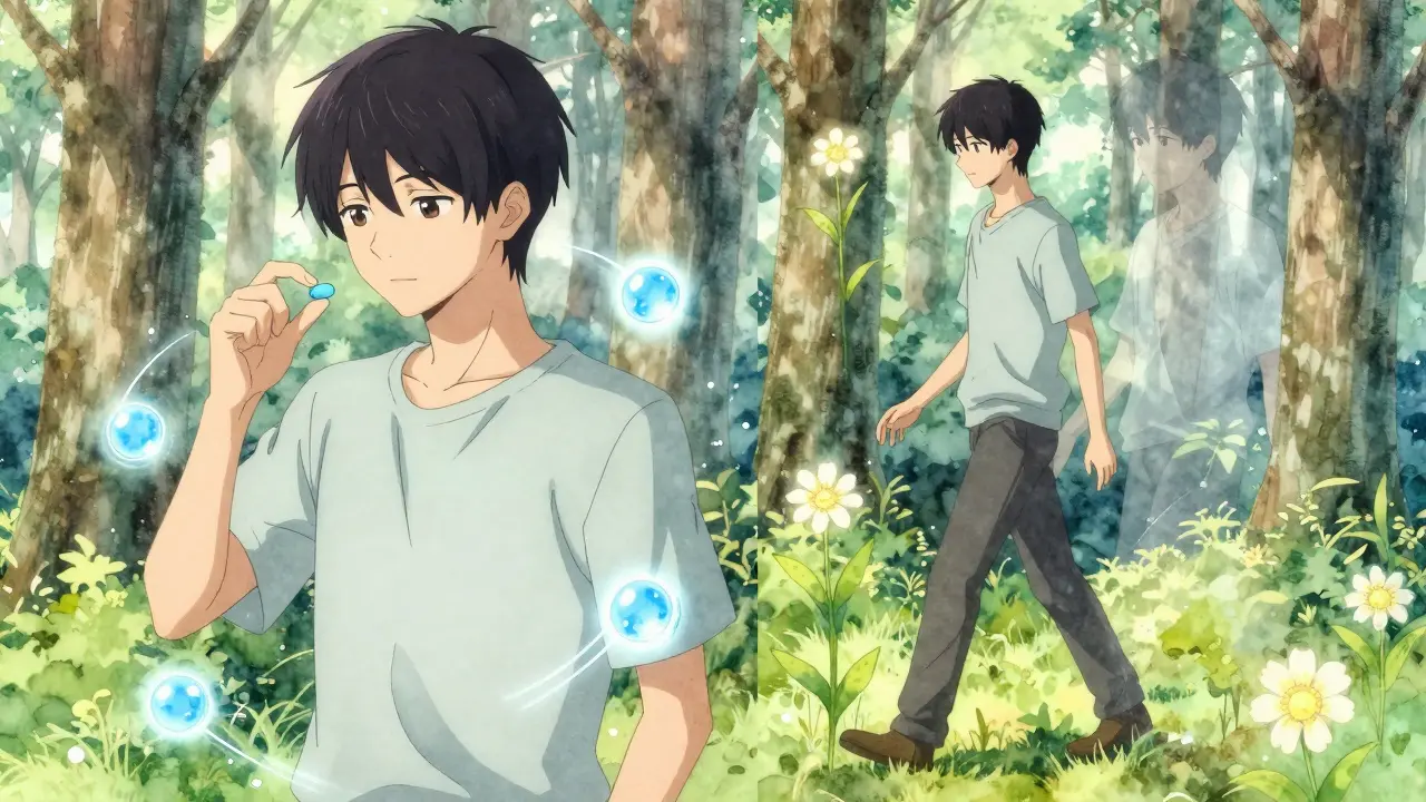 A person taking medication while walking through a blooming forest, representing recovery through combined treatment.