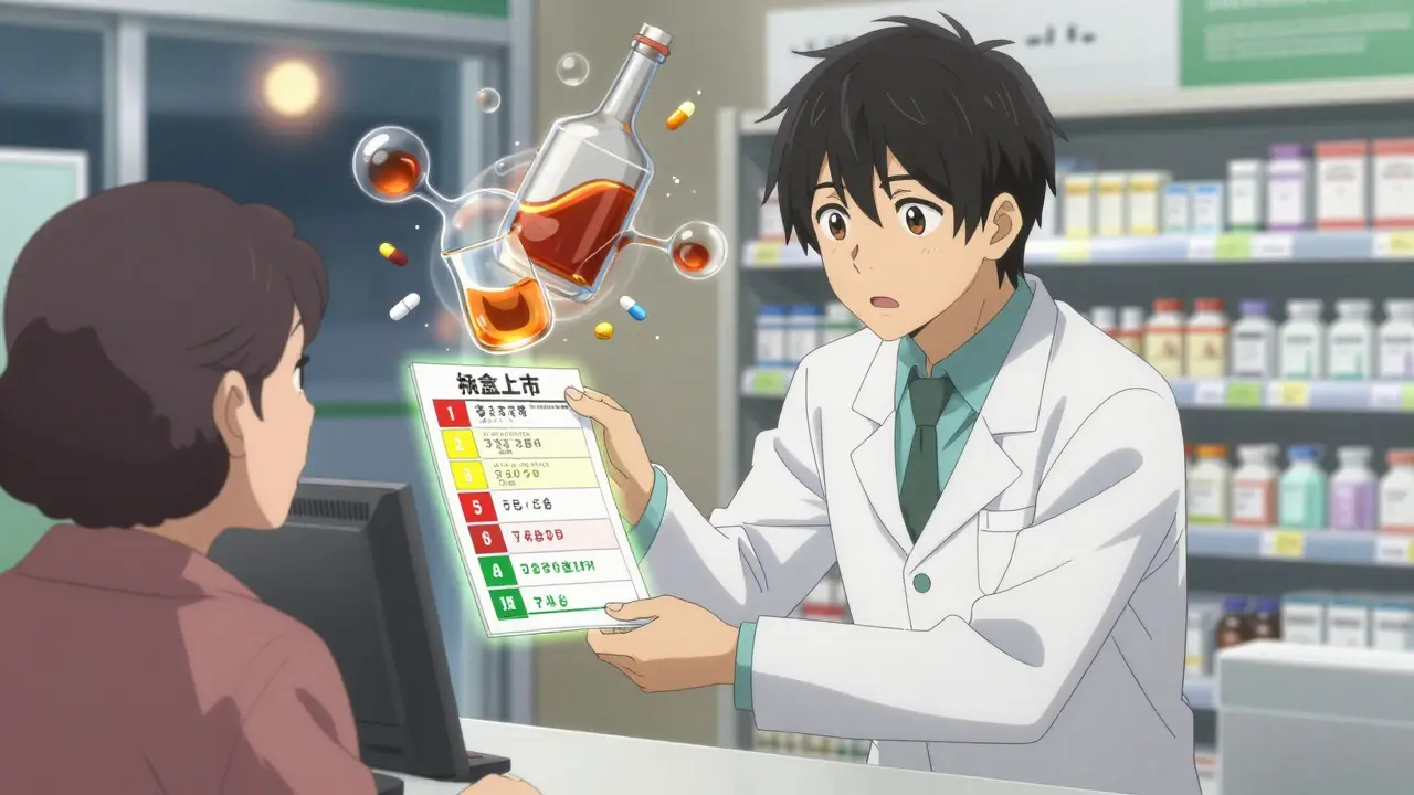 A pharmacist gives a color-coded risk chart to an older woman at a pharmacy counter, with alcohol and medication molecules swirling behind them.