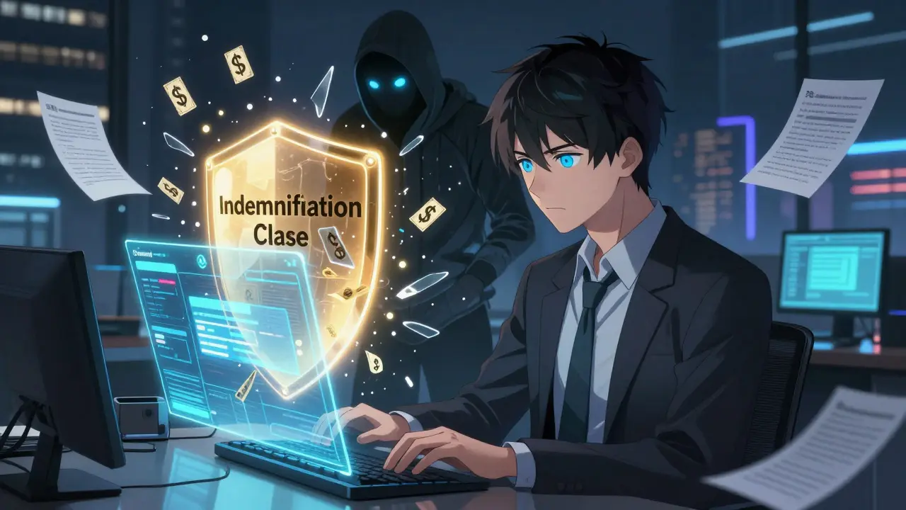 A tech CEO is protected by a glowing indemnification shield as data breach warnings explode around them.