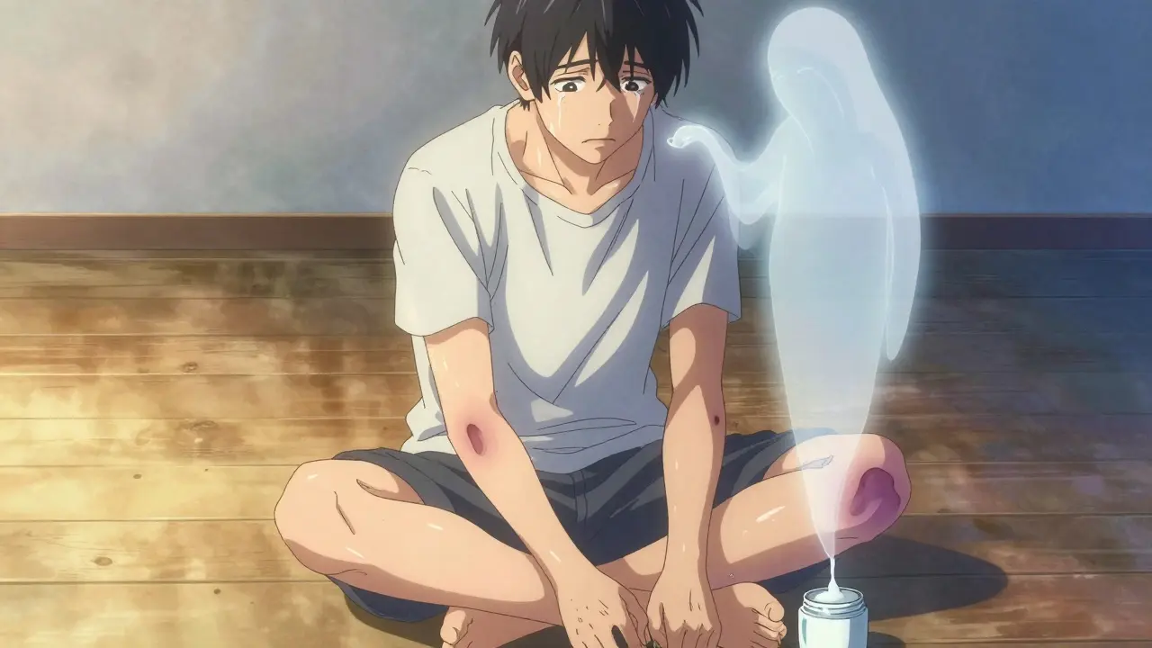 A teen with bruised, shiny arms sitting beside a moisturizer jar, a fading steroid cream ghost hovering above him in soft sunlight.