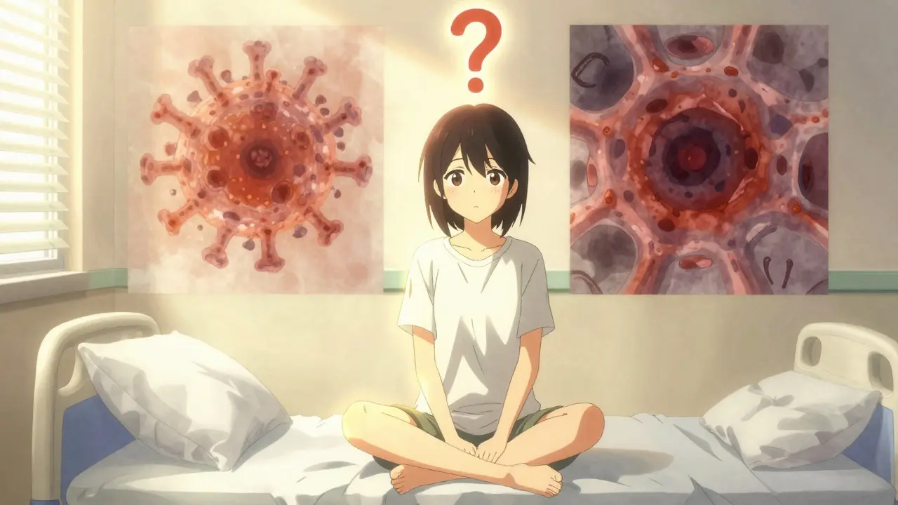 A teenage girl on a hospital bed with a glowing question mark above her head, showing viral rash vs infection.